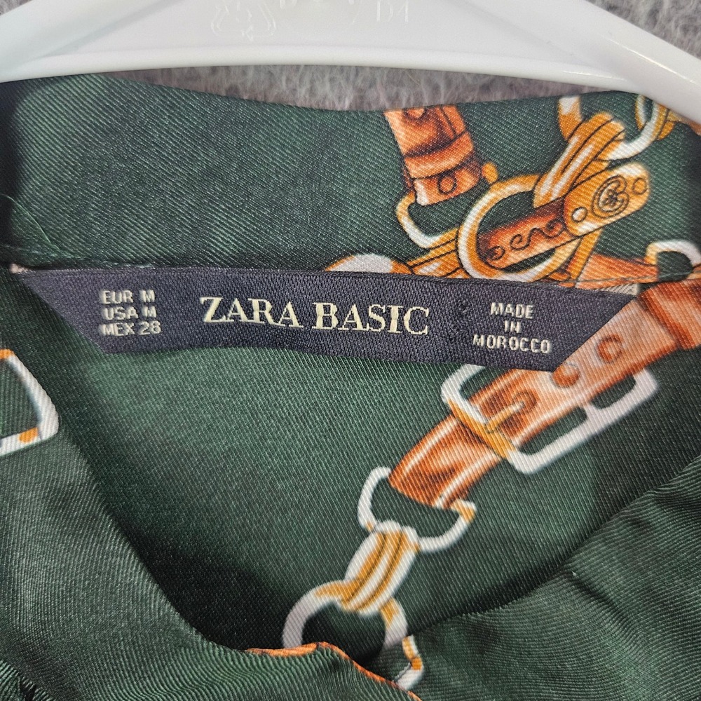 Zara Basic Green Equestrian Chain Belt Print Pleated Mini Dress Womens Sz M NEW - Picture 4 of 11